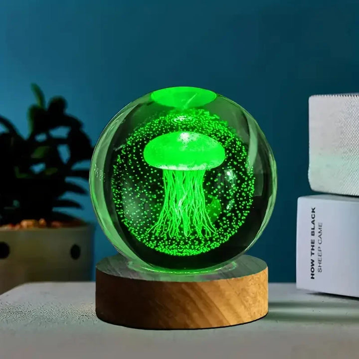 Luminária Cristal 3D Água-Viva – Esfera Decorativa com Base de Madeira