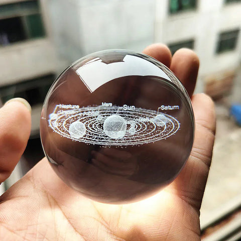 3D Esfera Cristal Sistema Soalr - Modelo de Planetas com Base Metálica