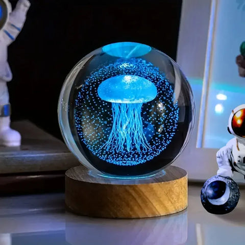Luminária Cristal 3D Água-Viva – Esfera Decorativa com Base de Madeira