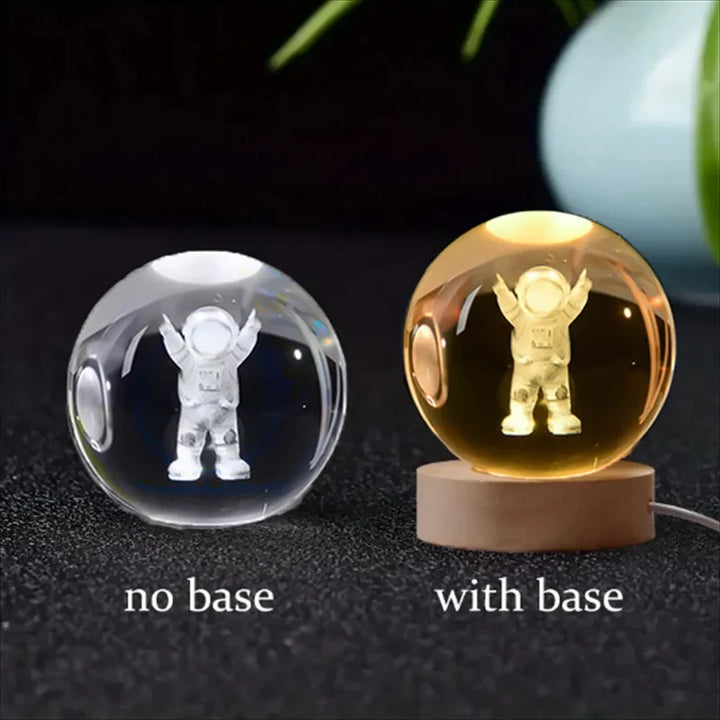 Esfera de Cristal 3D - Terra e Galáxia | Presente Astronômico com Base de Madeira