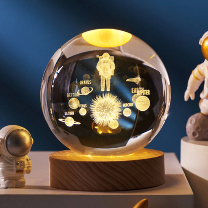 Esfera de Cristal 3D com Base de Madeira Sistema Solar