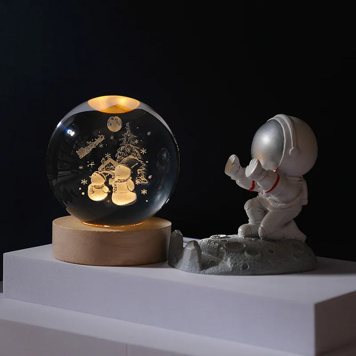 Esfera de Cristal com Base de Madeira Luminoso - Sistema Solar 3D Gravado